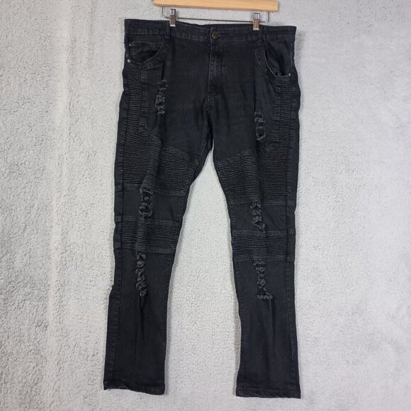 Balmain Paris Jeans Men's 40 Black Denim Dark Wash Straight Leg Distressed Biker - Picture 1 of 13